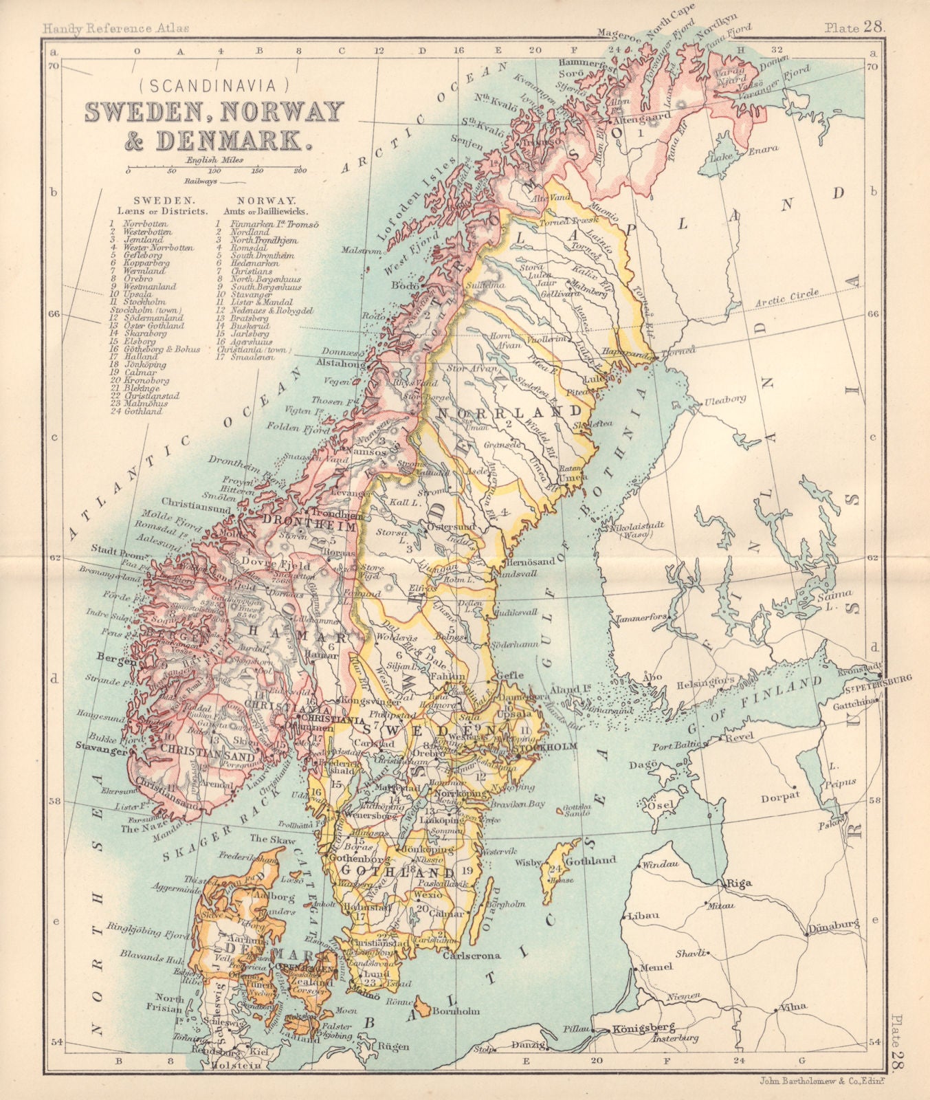 Sweden, Norway, & Denmark. Scandinavia. BARTHOLOMEW 1898 old antique map chart
